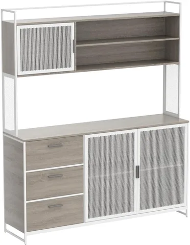 Miniatura 4 de AGOTENI Armario grande de cocina, armario de almacenamiento con 3 puertas de metal, 3 cajones y estante para microondas, para almacenamiento abierto