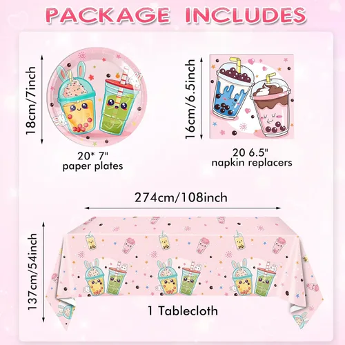 Miniatura 2 de Boba Tea Party Decor Bubble Tea Birthday Vajilla desechable para fiesta, platos y servilletas, juego de mantel para decoración de cumpleaños