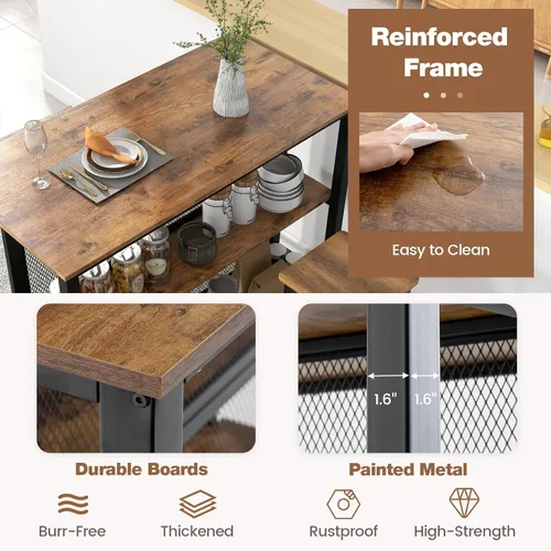 Miniatura 7 de COSTWAY Unidad de bar para el hogar, mesa de bar de 3 niveles con estantes de almacenamiento, marco de metal, almohadillas ajustables para los pies