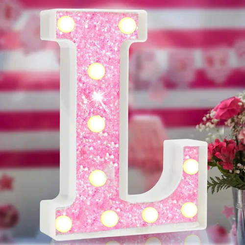 Miniatura 20 de Letras rosas iluminadas, letras del alfabeto con purpurina, letras LED de marquesina, que funcionan con pilas, para iluminar por la noche