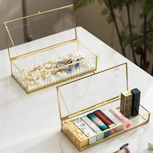 Juego de joyeros vintage de cristal, 2 piezas de joyería rectangular, caja organizadora de lápiz labial, caja con tapa de tocador, decoración del