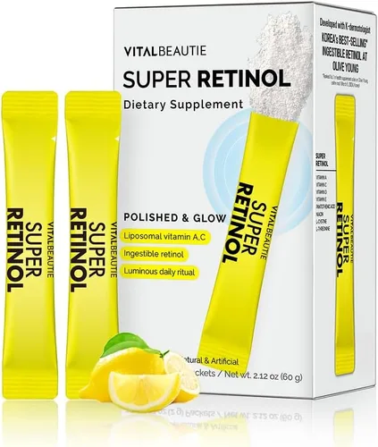 VITALBEAUTIE Super Retinol - Retinol liposomal ingestible y vitamina C 1000 mg en polvo - Suplemento vegano K-Beauty para piel y tono de vidrio