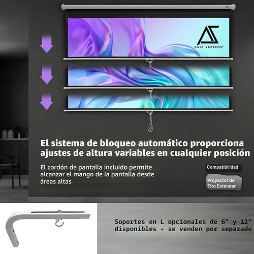 Miniatura 2 de Pantalla de proyector desplegable manual Akia Screens de 110 pulgadas B 16:9 8K 4K HD 3D, montaje en techo y pared, pantalla de proyección portátil