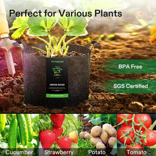 Miniatura 7 de VIVOSUN - Paquete de 5, 1 galón, bolsas para cultivar de tela no tejida gruesa resistente con asas Negro