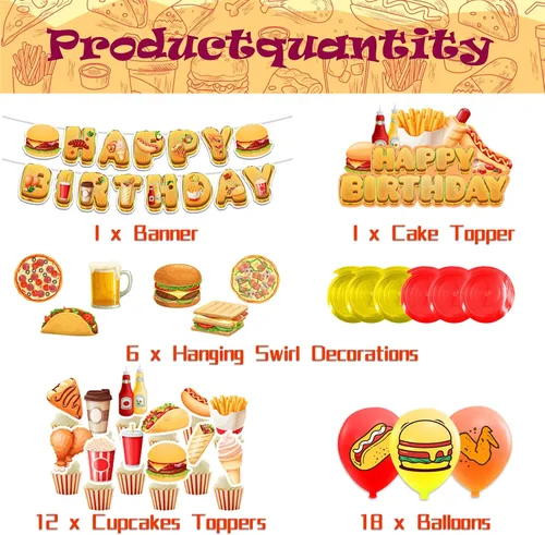 Miniatura 2 de Decoraciones de fiesta de comida rápida, papas fritas, pizza, hamburguesa, pollo frito, hot dog, suministros de fiesta, incluye pancarta