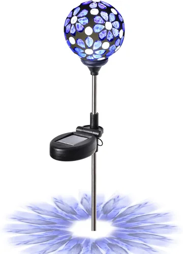 WNP Estacas decorativas de jardín solares azules para exteriores, mosaico, impermeable, funciona con energía solar, bola de pétalos, luz colorida
