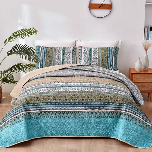 Miniatura 30 de WONGS BEDDING Juego de Colcha Morada Tamaño King, Juego de Colchas Bohemias a Rayas de 3 Piezas, Colcha Ligera de Microfibra para Todas las Púrpura