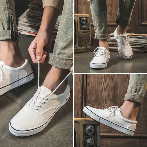 Miniatura 6 de FRACORA Zapatos de lona blancos para hombre, tenis de lona con cordones, Blanco