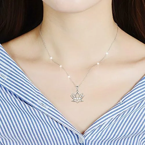 Miniatura 2 de Collar con colgante de flor de loto de plata de ley 925 con diseño inspirador de circonita cúbica para mujeres y niñas, regalo de yoga, 16 pulgadas