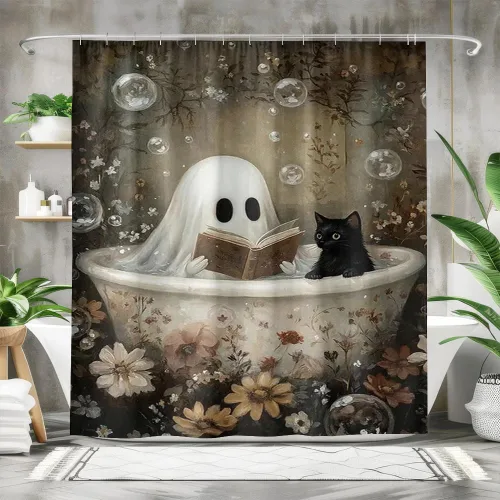Miniatura 7 de Cortina de ducha de Halloween con diseño de fantasma, para bañera, bosque de flores, cortina de ducha para baño, academia oscura, tina fantasma