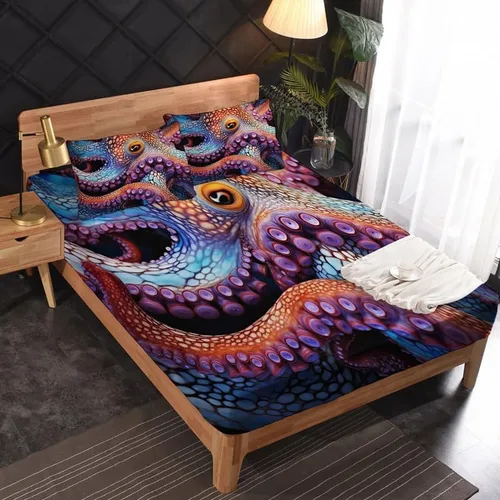 Miniatura 2 de Juego de sábanas de pulpo tamaño individual, sábanas de microfibra suave y bolsillo profundo, sábanas y fundas de almohada estampadas sin arrugas, 3