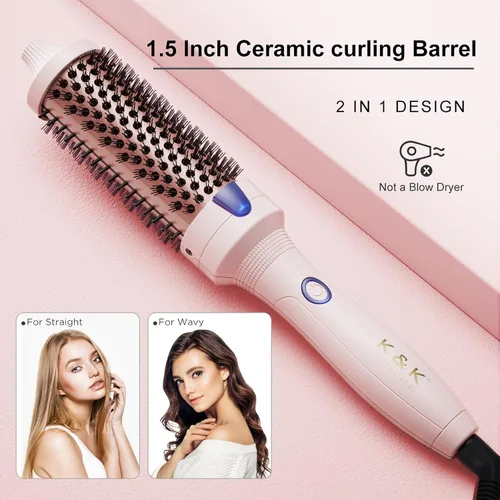 Miniatura 3 de K&K Cepillo rizador de cerámica turmalina iónica de 1.5 pulgadas con voluminizador - Cepillo caliente que crea volumen en las raíces y rizos Rosa