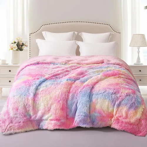 Miniatura 14 de Exclusivo Mezcla Manta de Cama Mullida de Piel Sintética Tamaño King, Mantas Reversibles Shaggy de Vellón Sherpa Teñido Tie Dye, Mantas Mullidas