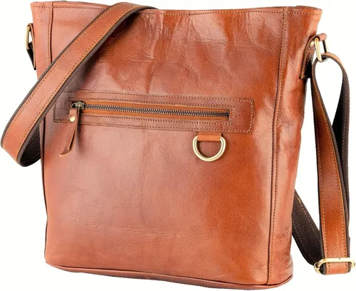 URBAN LEATHER Bolsos cruzados grandes de 11 pulgadas para mujeres y niñas de cuero auténtico vintage color marrón delgado bolso de mano bandolera
