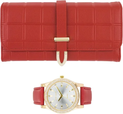 Miniatura 8 de Reloj de pulsera de cuero dorado para mujer y cartera de tres pliegues a juego