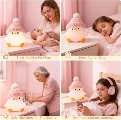 Miniatura 5 de Luz nocturna de silicona de pingüino, bonita lámpara de pingüino rosa con sombrero, luz nocturna de guardería para bebé, recargable/regulable, Bebé