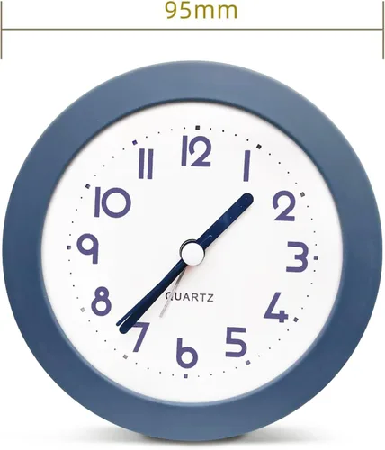 Miniatura 7 de Reloj despertador con luz de fondo, 4.5 pulgadas, lindo reloj analógico redondo de cuarzo digital, sin tictac, funciona con pilas, textura Azul
