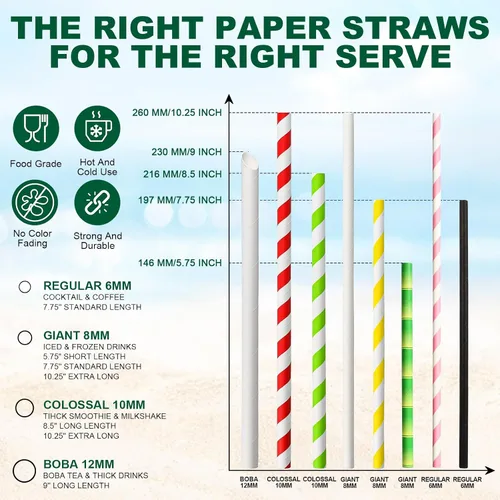 Miniatura 9 de 14,6 cm x 0,79 cm Pajitas de papel desechables de bambú verde para bebidas cortas, cócteles mezclados, margaritas, licuados y batidos - Sin embalar