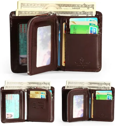 Miniatura 9 de Billetera para hombre con cremallera de cuero genuino RFID tarjeteros de piel de vaca con cremallera bolsillo para monedas, carteras plegables
