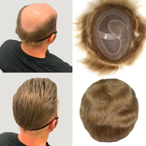 Miniatura 8 de HAPPY&CC Pelucas de cabello humano para hombre, pelucas de encaje mono con poliéster transparente alrededor de la pieza de cabello para hombres, #18