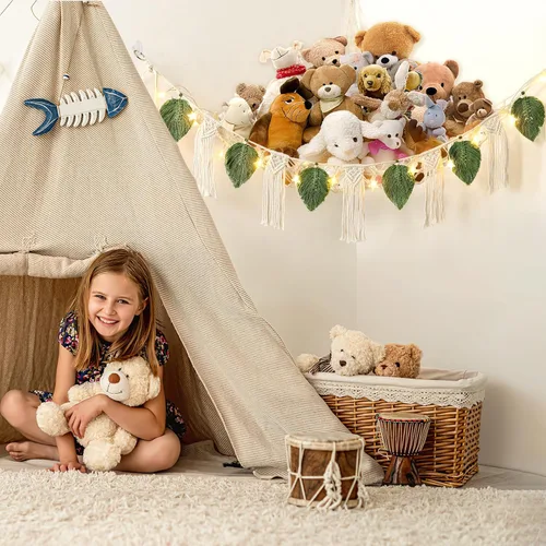 Miniatura 6 de Dremisland Hamaca de red de juguetes de peluche con luz de estrella, hoja bohemia de macramé, borla de macramé, organizador de juguetes