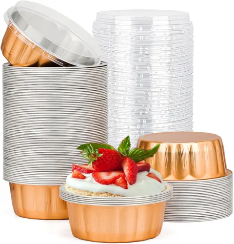 Miniatura 37 de Beasea Ramequines con tapas, 8oz 50 unidades de tazas de aluminio desechables para hornear, tazas de papel de aluminio plateado para creme brulee