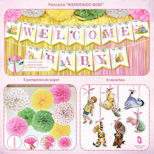 Miniatura 6 de Decoración de Baby Shower Winnie en Rosa – Globos de Winnie the Pooh, Telón de Fondo, Bandera de Bienvenida al Bebé, Mantel, Adornos para Pastel