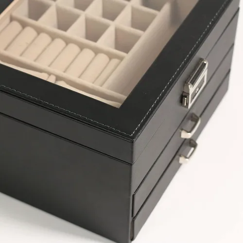 Miniatura 4 de Ogrmar Joyero de piel sintética de 3 niveles con cerradura para hombres y mujeres, vitrina y organizador con tapa de vidrio transparente