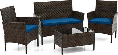 Miniatura 13 de DORTALA Juego de muebles de mimbre para patio, 4 piezas, mesa y sillas de ratán de polietileno para exteriores con mesa de centro de vidrio Naranja