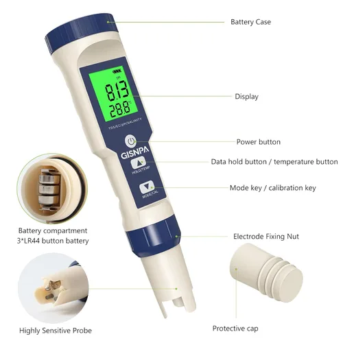 Miniatura 2 de Probador de piscina de agua salada 5 en 1, medidor de pH/TDS/EC/salinidad/temperatura, probador de agua de alta precisión de resolución 0.01
