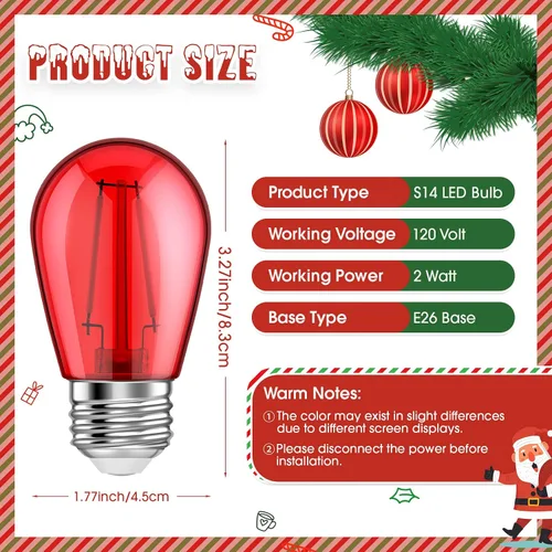 Miniatura 2 de 25 unidades de bombillas LED S14 rojas y verdes de 2W con base E26, bombillas de Navidad de colores rojo y verde, bombillas de cadena