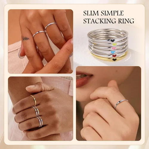 Miniatura 4 de Anillo de Corazón de Plata de Ley 925 para Mujer, 1mm Ultra Fino Chapado en Oro 14K Hipoalergénico Banda de Boda con Amor NegroAmarilloRojoAzulRosa