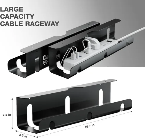 Miniatura 5 de Bandeja de organización de cables para debajo del escritorio, paquete de 2 organizadores de cables de metal negro de 16 pulgadas, sin adhesivo