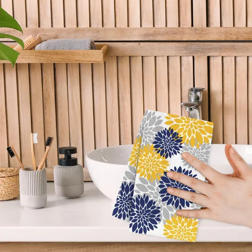 Miniatura 7 de 80 servilletas de papel de Dalia para invitados, azul marino, amarillo, plateado, flores, servilletas de baño, modernas y elegantes, desechables