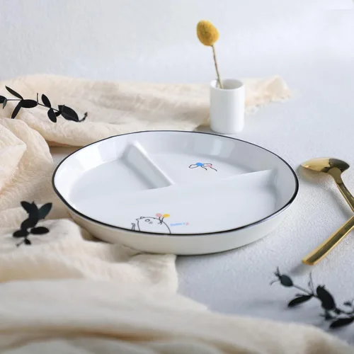 Miniatura 3 de 1 pieza Placa de porción de dinosaurio de cerámica dividida para una alimentación racional, plato de postre dividido, plato de ensalada, plato