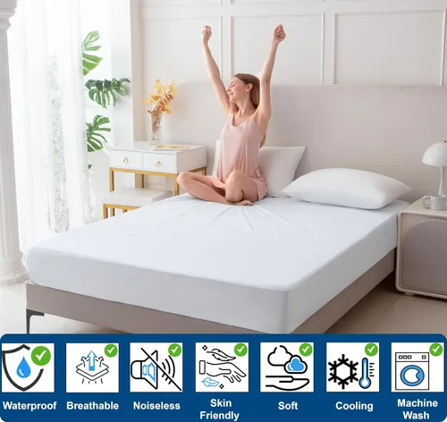 Miniatura 3 de Protector de colchón de rizo de algodón de alta calidad, 100% impermeable, ultrasuave y transpirable, funda de cama refrescante sin ruido, lavable a