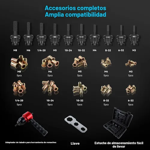 Miniatura 5 de YUZES Herramienta de Tuerca de Remache Kit de Tuercas de Remache, Adaptador de Pistola de Tuerca de Remache Compatible con Taladro Inalámbrico