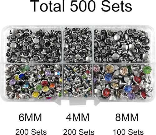 Miniatura 2 de 500 juegos de remaches de cristal de circonia cúbica de colores mezclados, remaches rápidos, remaches rápidos, tachuelas de color plateado
