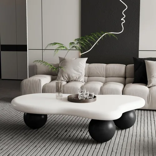 Miniatura 16 de Mesa de café irregular de 40" en forma de nube asimétrica Mesa de té de centro bajo con 3 patas esféricas para sala de estar, oficina, apartamento