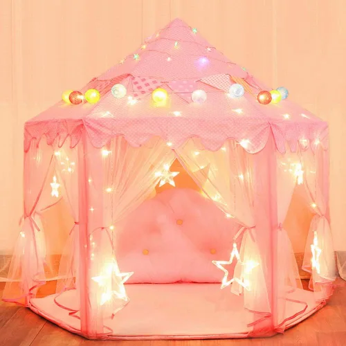 Miniatura 7 de wilwolfer tienda de campaña tipo castillo de princesa para niñas, tienda de campaña hexagonal grande para jugar, casa de juegos con luces de Rosa