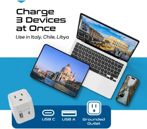 Miniatura 3 de Adaptador de viaje Ceptics, de EE. UU. a Japón, Filipinas, con doble USB, tipo A, ultra compacto Tipo L - Italia