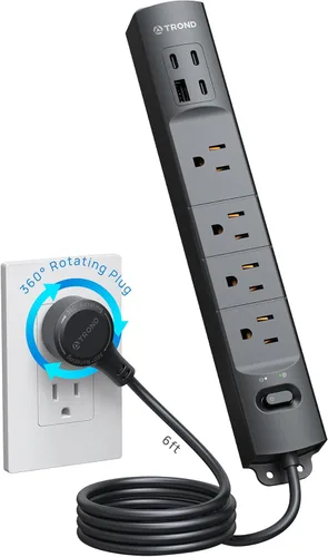 Miniatura 12 de TROND - Tira de alimentación de enchufe plano con cable de extensión plano USB de 10 pies, protector de sobretensión, montaje en pared, 2 puertos