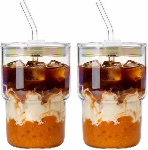 Miniatura 10 de Luxfuel Vaso de vidrio de 16 onzas con tapa y popote, taza de café helado reutilizable y vaso para batidos, vidrio de borosilicato a prueba de fugas