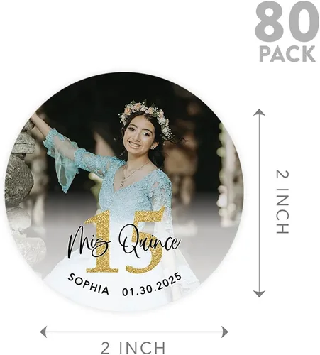 Miniatura 5 de Andaz Press Paquete de 40 etiquetas redondas personalizadas de 2" para quinceañera, etiquetas adhesivas Mis Quince con foto personalizada para Mis