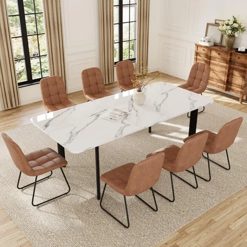 Miniatura 15 de HIPIHOM Mesa de comedor extensible para 6-8 personas, mesa rectangular de 63 a 78.7 pulgadas, MDF blanco con patas de metal resistentes, ahorro
