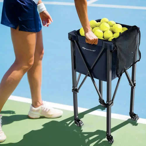 Miniatura 9 de Goplus Tolva plegable para pelotas de tenis, cesta de aluminio ligera con ruedas, bolsa extraíble, bolsillos laterales, bolsa de transporte, carrito