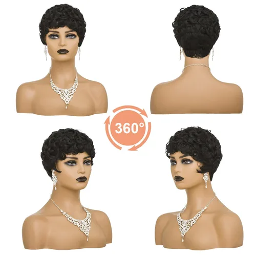 Miniatura 3 de Pelucas cortas Pixie para mujeres negras, corte Pixie negro natural, pelucas cortas y rizadas afroamericanas, pelo sintético con flequillo