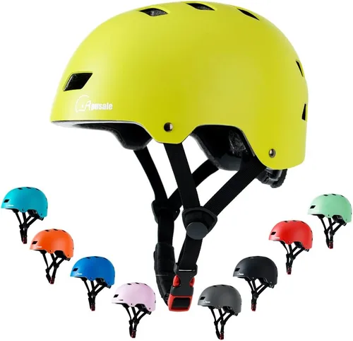 Casco para bicicleta y patineta, ajustable y multideporte para patines y scooter, 3 tallas para adultos, jóvenes, niños y bebés Amarillo Verde
