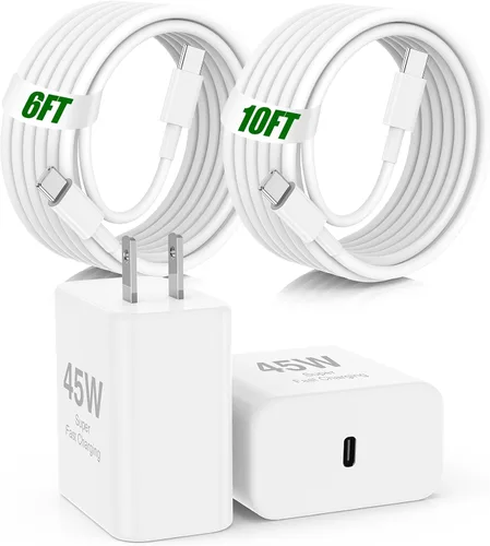 Miniatura 13 de USB C de carga súper rápida de 65 W para iPhone 17 16 Pro Max, bloque de carga USB C de 3 puertos de 100 W y cable trenzado tipo C de 3/6/6/10 pies
