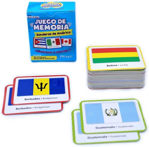 Miniatura 6 de Menique Flags of The Americas Juego de Memoria de Banderas de las Américas – Edición en Español – 70 Tarjetas (35 Parejas) con Banderas, Países